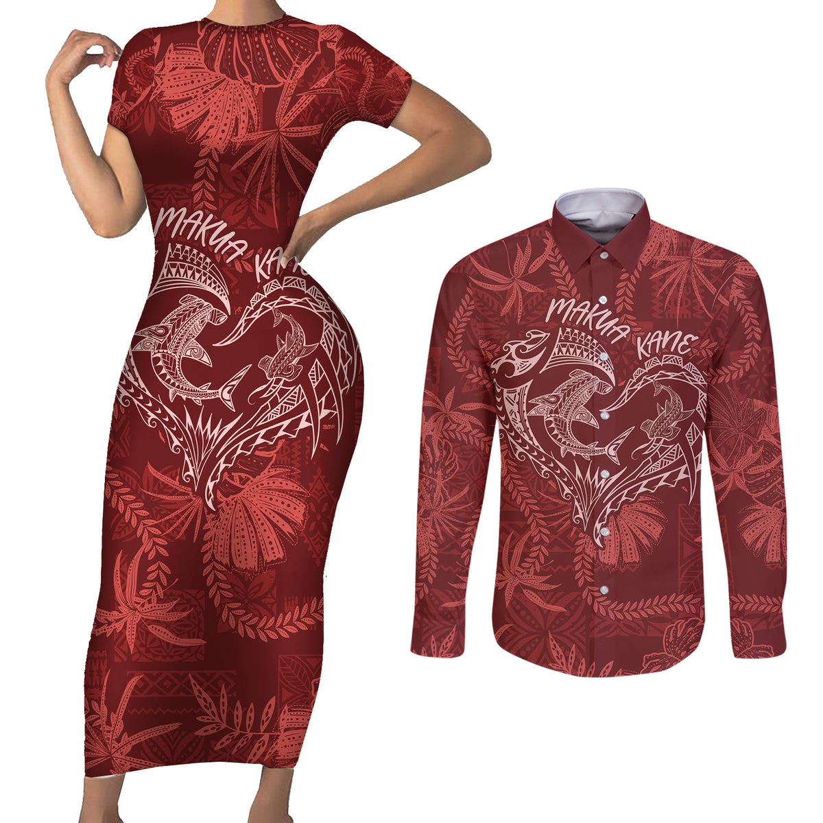 Hawaii Father's Day Vintage Lei Couples Matching Short Sleeve Bodycon Dress and Long Sleeve Button Shirt Hauoli la Makuakane - Red LT7 Red - Polynesian Pride