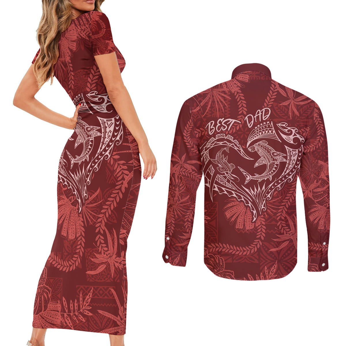 Hawaii Father's Day Vintage Lei Couples Matching Short Sleeve Bodycon Dress and Long Sleeve Button Shirt Hauoli la Makuakane - Red LT7 - Polynesian Pride