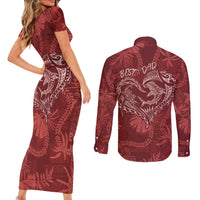 Hawaii Father's Day Vintage Lei Couples Matching Short Sleeve Bodycon Dress and Long Sleeve Button Shirt Hauoli la Makuakane - Red LT7 - Polynesian Pride