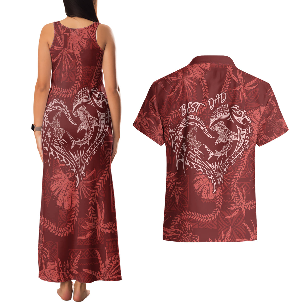 Hawaii Father's Day Vintage Lei Couples Matching Tank Maxi Dress and Hawaiian Shirt Hauoli la Makuakane - Red