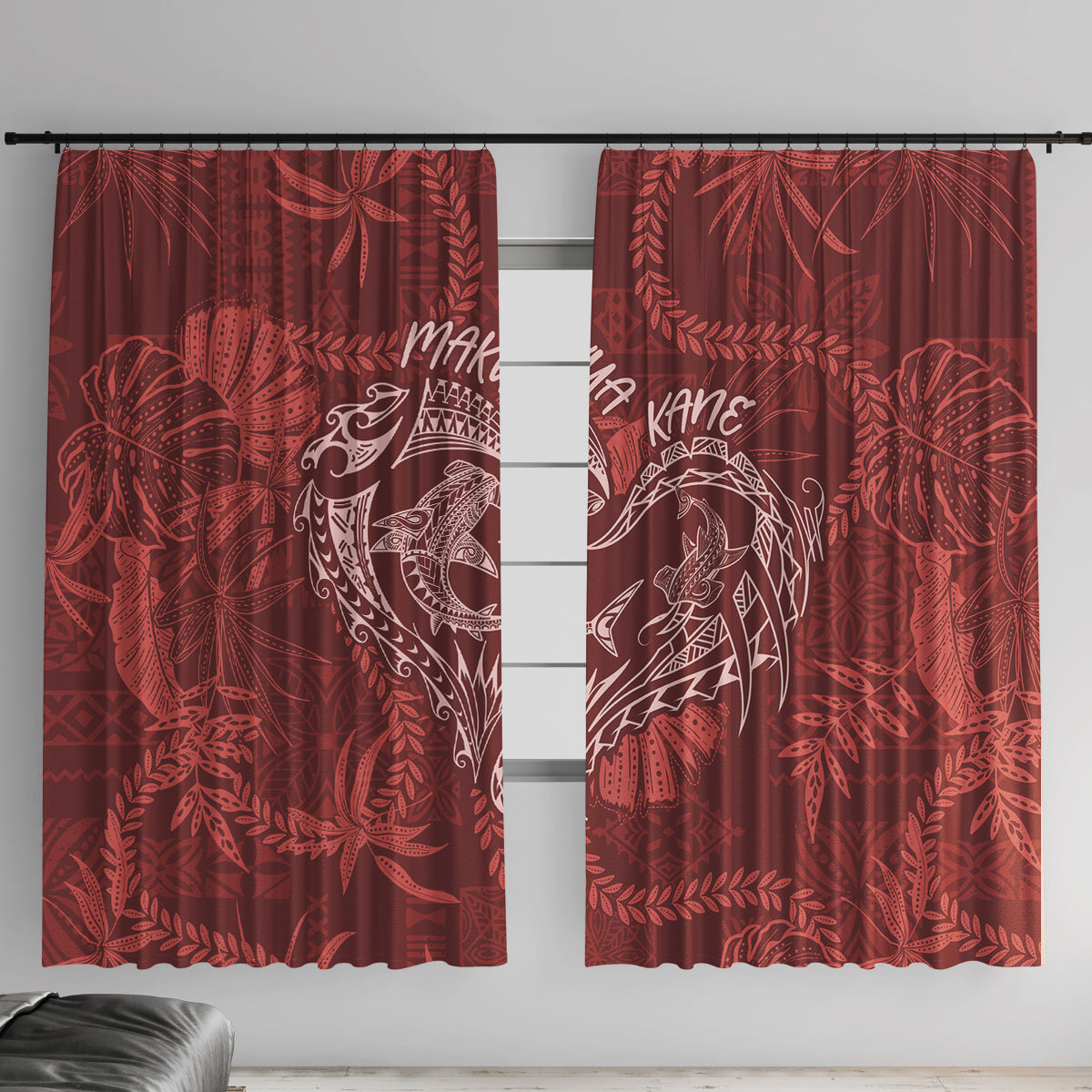 Hawaii Father's Day Vintage Lei Window Curtain Hauoli la Makuakane - Red