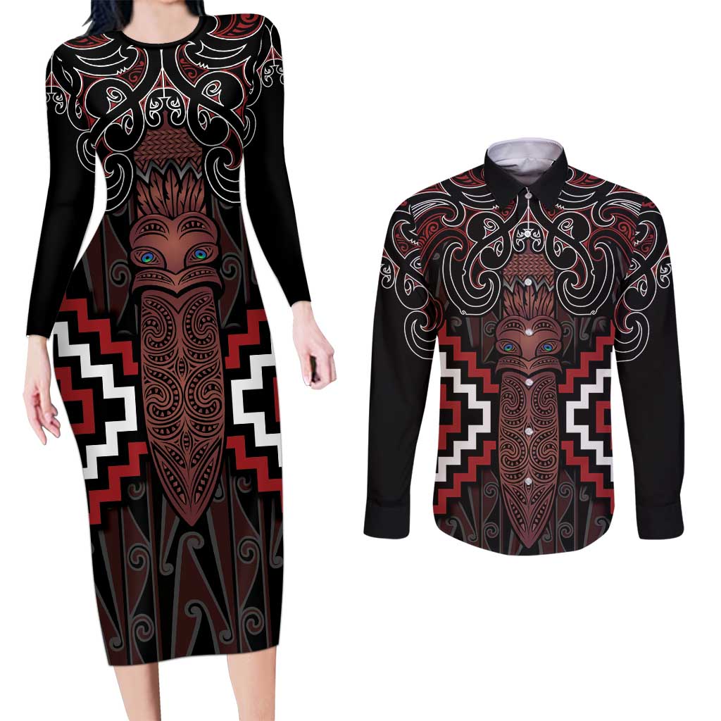 Maori Taiaha Whakairo Personalized Couples Matching Long Sleeve Bodycon Dress and Long Sleeve Button Shirt Red Poutama Motifs