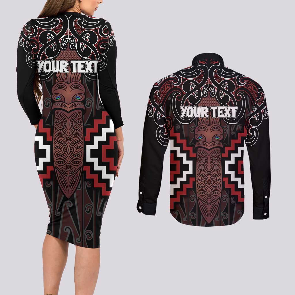 Maori Taiaha Whakairo Personalized Couples Matching Long Sleeve Bodycon Dress and Long Sleeve Button Shirt Red Poutama Motifs