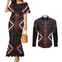 Maori Taiaha Whakairo Personalized Couples Matching Mermaid Dress and Long Sleeve Button Shirt Red Poutama Motifs