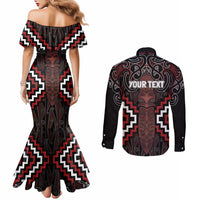 Maori Taiaha Whakairo Personalized Couples Matching Mermaid Dress and Long Sleeve Button Shirt Red Poutama Motifs