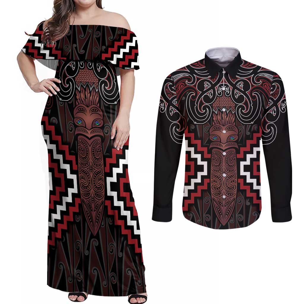 Maori Taiaha Whakairo Personalized Couples Matching Off Shoulder Maxi Dress and Long Sleeve Button Shirt Red Poutama Motifs