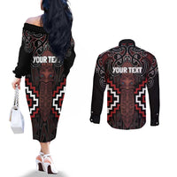 Maori Taiaha Whakairo Personalized Couples Matching Off The Shoulder Long Sleeve Dress and Long Sleeve Button Shirt Red Poutama Motifs