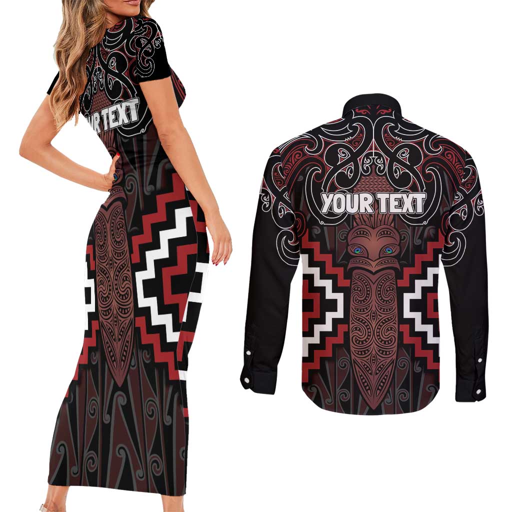 Maori Taiaha Whakairo Personalized Couples Matching Short Sleeve Bodycon Dress and Long Sleeve Button Shirt Red Poutama Motifs