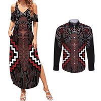 Maori Taiaha Whakairo Personalized Couples Matching Summer Maxi Dress and Long Sleeve Button Shirt Red Poutama Motifs