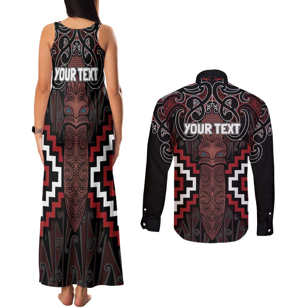 Maori Taiaha Whakairo Personalized Couples Matching Tank Maxi Dress and Long Sleeve Button Shirt Red Poutama Motifs