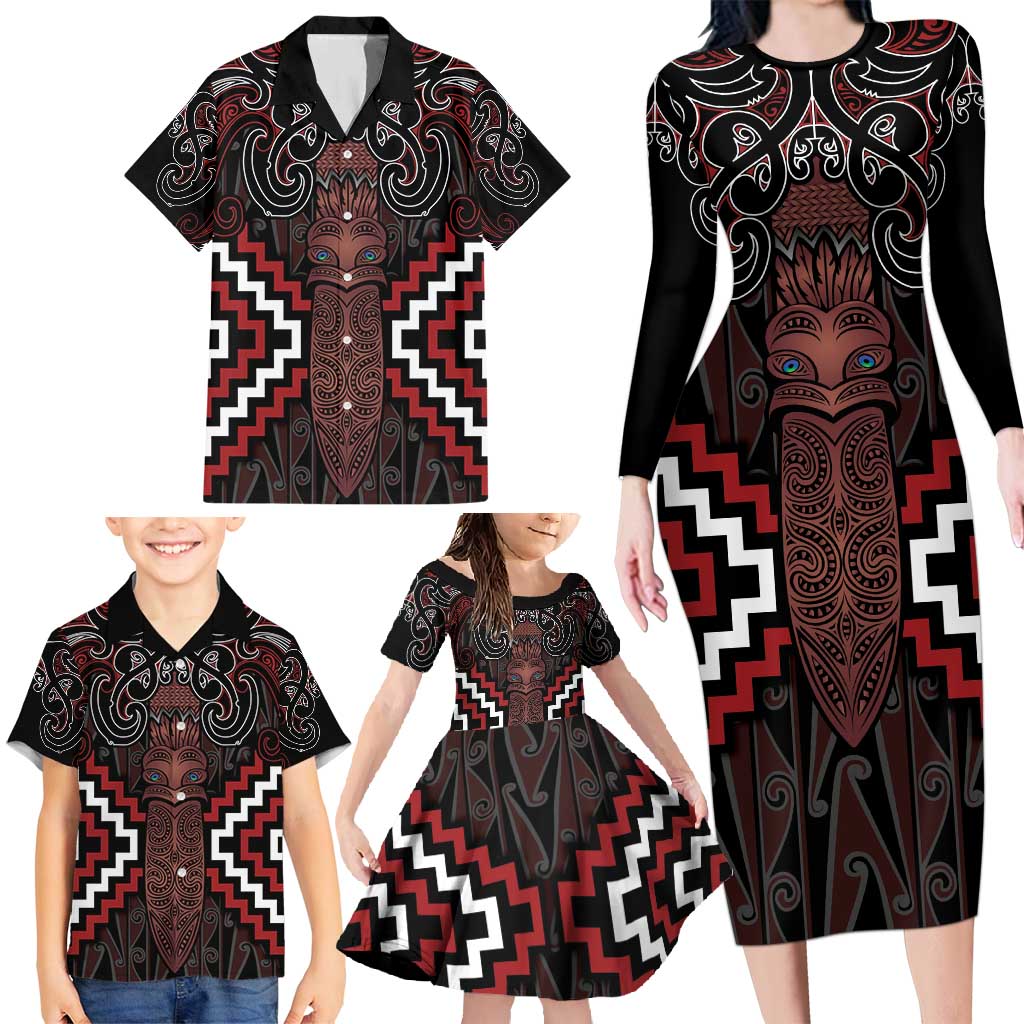 Maori Taiaha Whakairo Personalized Family Matching Long Sleeve Bodycon Dress and Hawaiian Shirt Red Poutama Motifs
