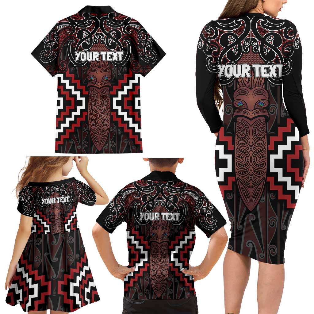 Maori Taiaha Whakairo Personalized Family Matching Long Sleeve Bodycon Dress and Hawaiian Shirt Red Poutama Motifs
