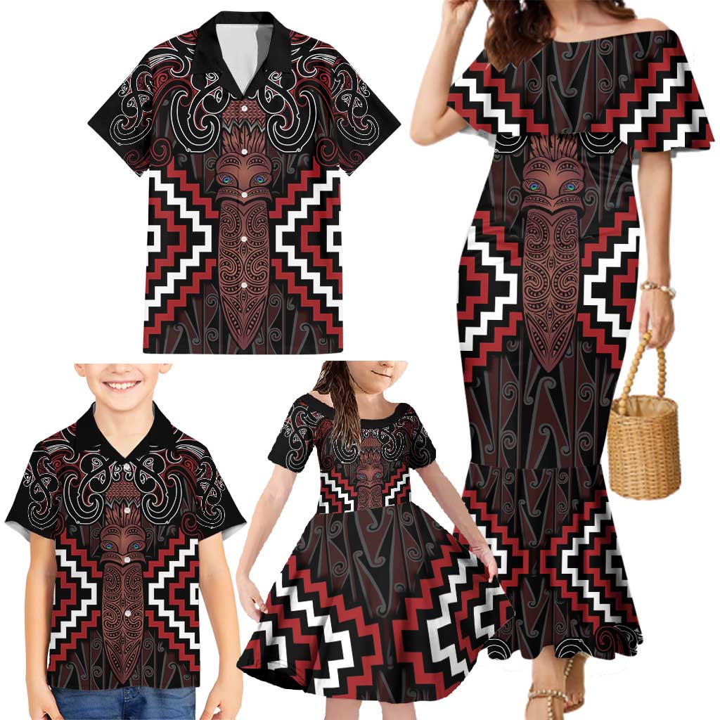 Maori Taiaha Whakairo Personalized Family Matching Mermaid Dress and Hawaiian Shirt Red Poutama Motifs
