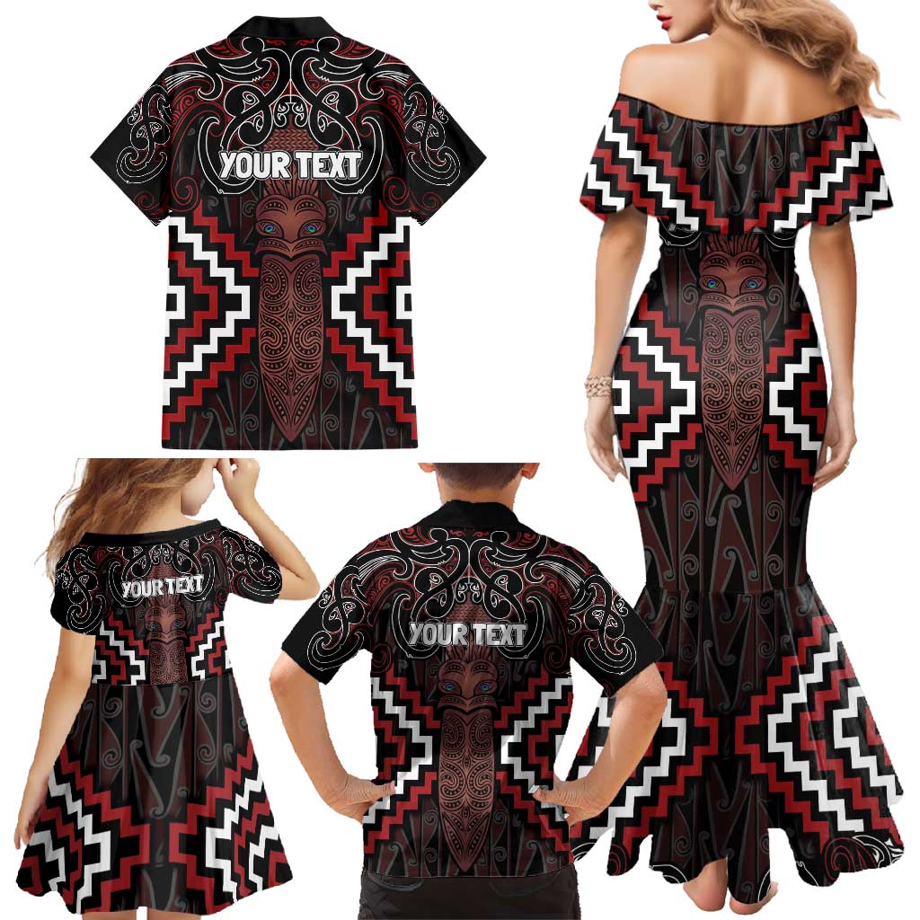 Maori Taiaha Whakairo Personalized Family Matching Mermaid Dress and Hawaiian Shirt Red Poutama Motifs