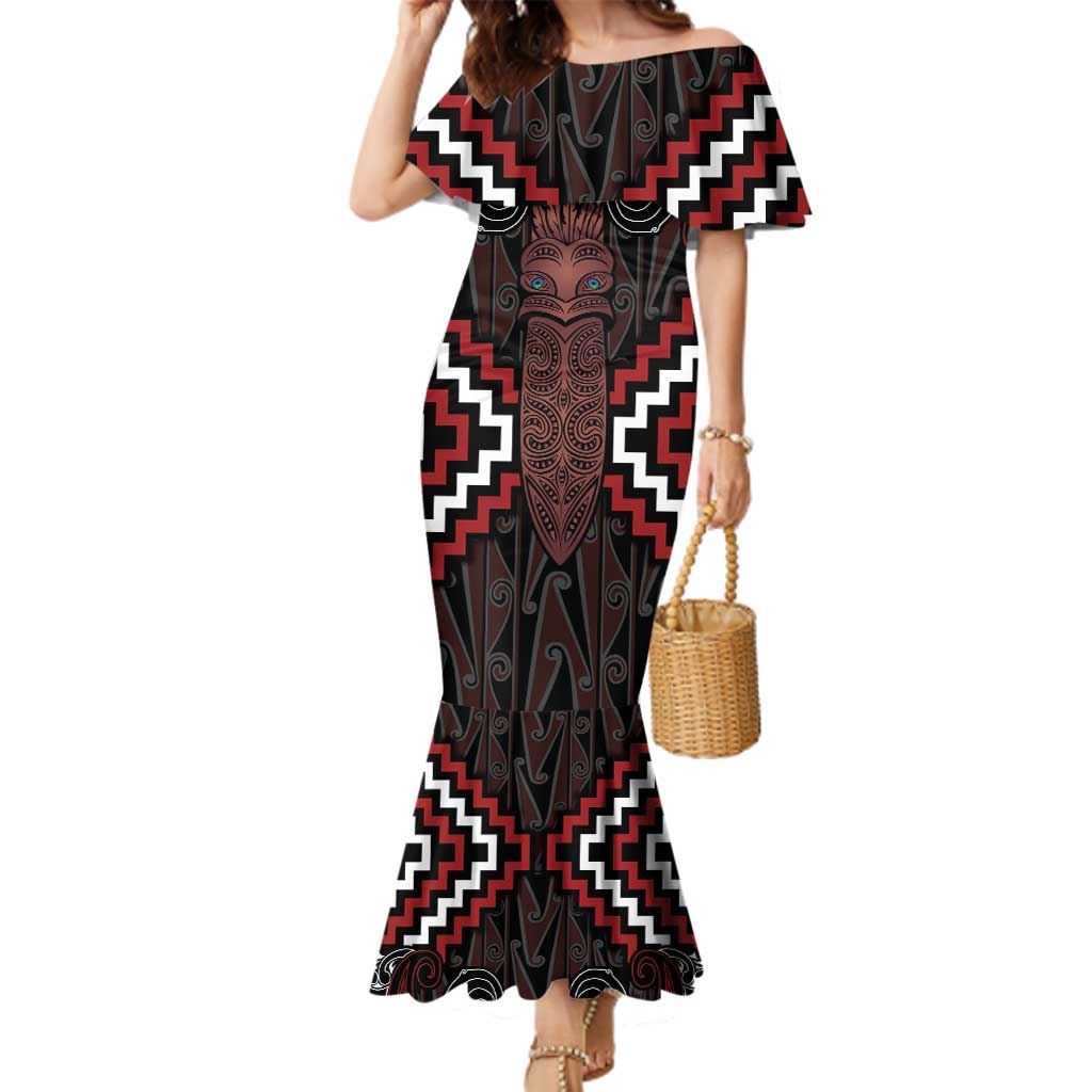 Maori Taiaha Whakairo Personalized Family Matching Mermaid Dress and Hawaiian Shirt Red Poutama Motifs