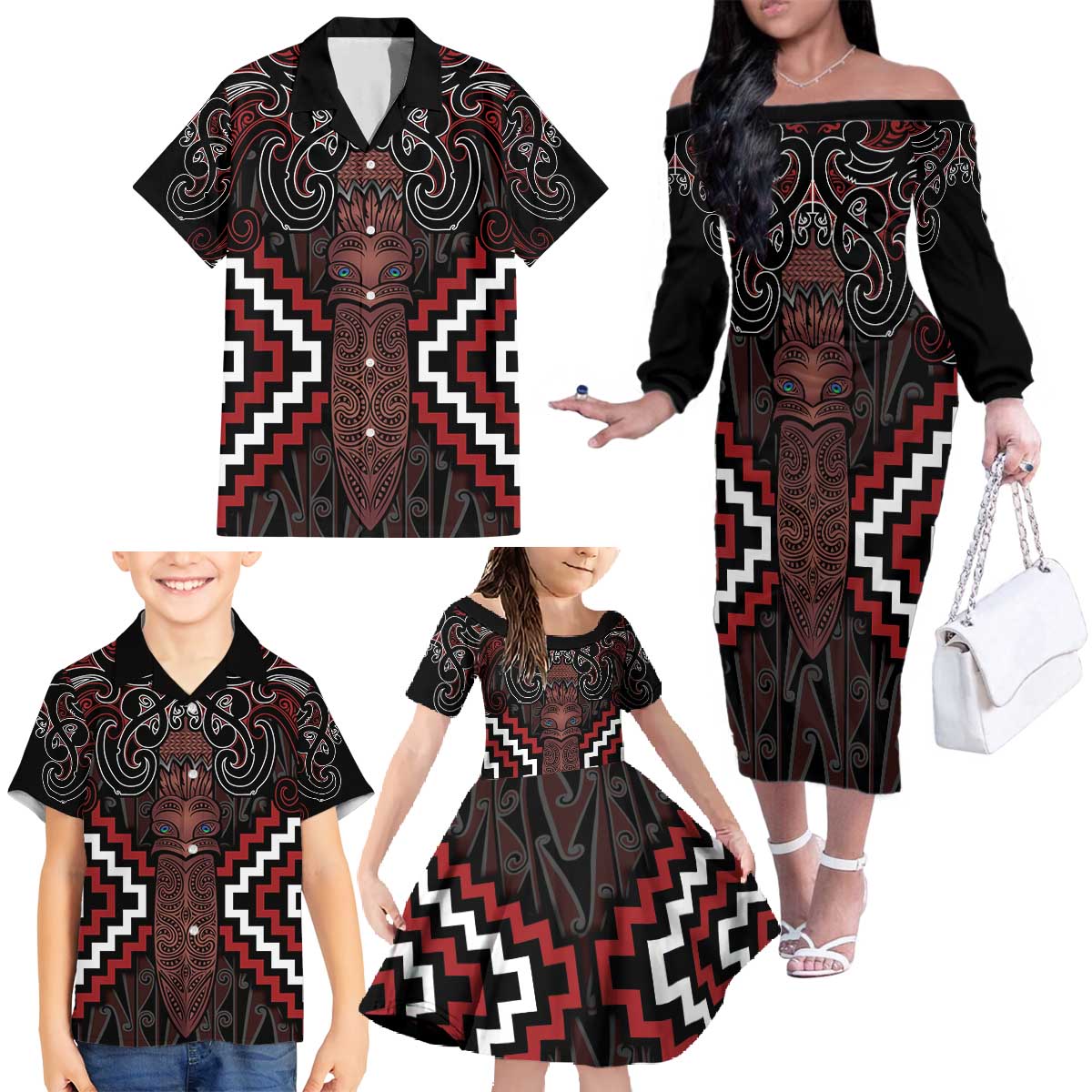 Maori Taiaha Whakairo Personalized Family Matching Off The Shoulder Long Sleeve Dress and Hawaiian Shirt Red Poutama Motifs