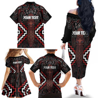 Maori Taiaha Whakairo Personalized Family Matching Off The Shoulder Long Sleeve Dress and Hawaiian Shirt Red Poutama Motifs