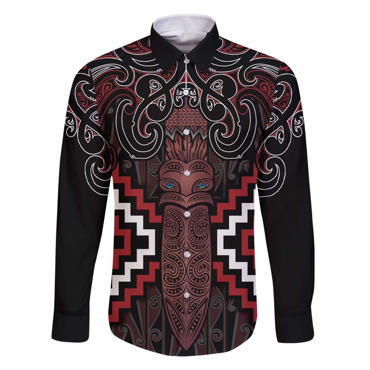 Maori Taiaha Whakairo Personalized Family Matching Off The Shoulder Long Sleeve Dress and Hawaiian Shirt Red Poutama Motifs