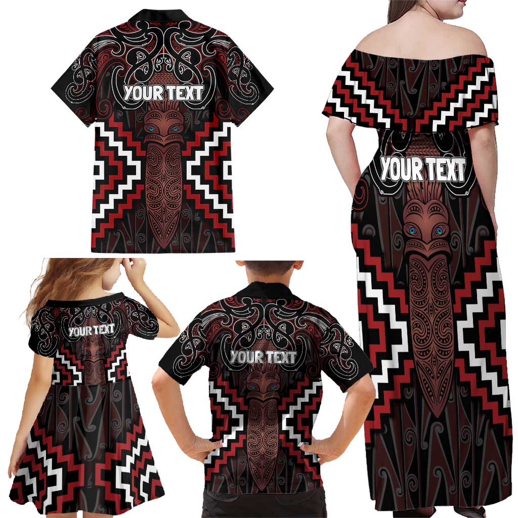 Maori Taiaha Whakairo Personalized Family Matching Off Shoulder Maxi Dress and Hawaiian Shirt Red Poutama Motifs