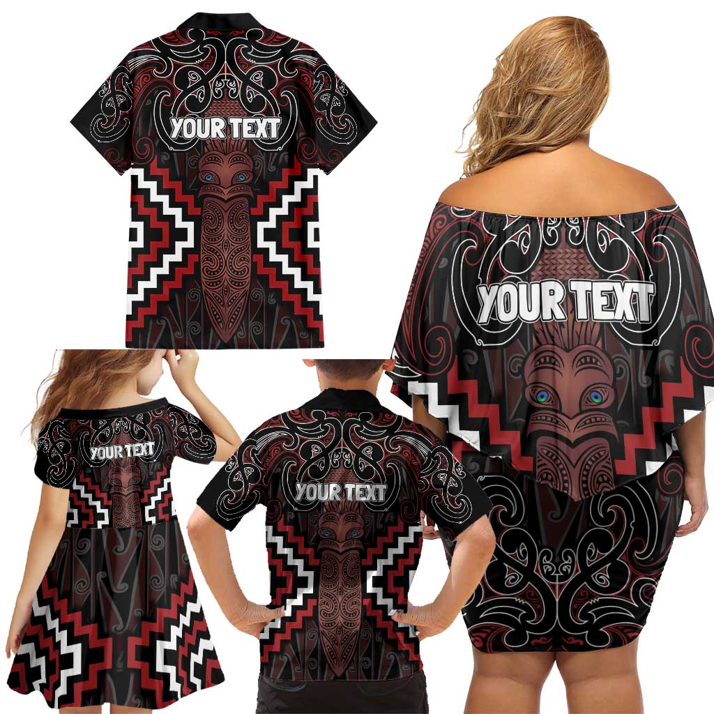 Maori Taiaha Whakairo Personalized Family Matching Off Shoulder Short Dress and Hawaiian Shirt Red Poutama Motifs