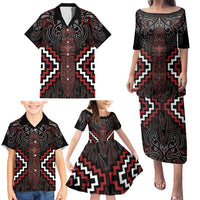 Maori Taiaha Whakairo Personalized Family Matching Puletasi and Hawaiian Shirt Red Poutama Motifs