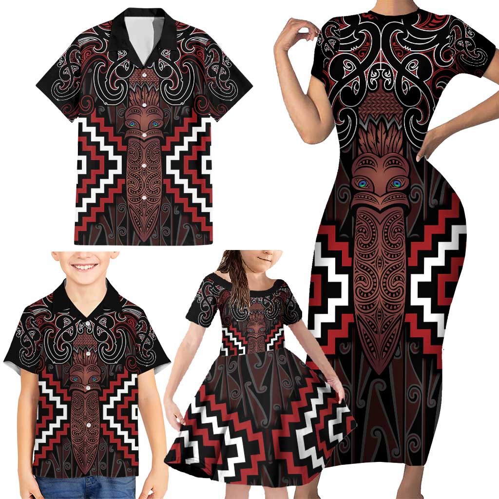 Maori Taiaha Whakairo Personalized Family Matching Short Sleeve Bodycon Dress and Hawaiian Shirt Red Poutama Motifs