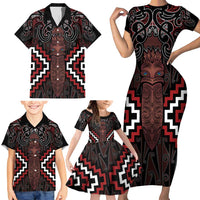 Maori Taiaha Whakairo Personalized Family Matching Short Sleeve Bodycon Dress and Hawaiian Shirt Red Poutama Motifs