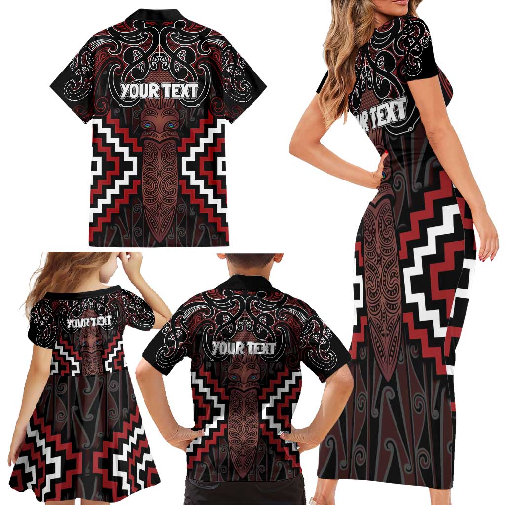 Maori Taiaha Whakairo Personalized Family Matching Short Sleeve Bodycon Dress and Hawaiian Shirt Red Poutama Motifs