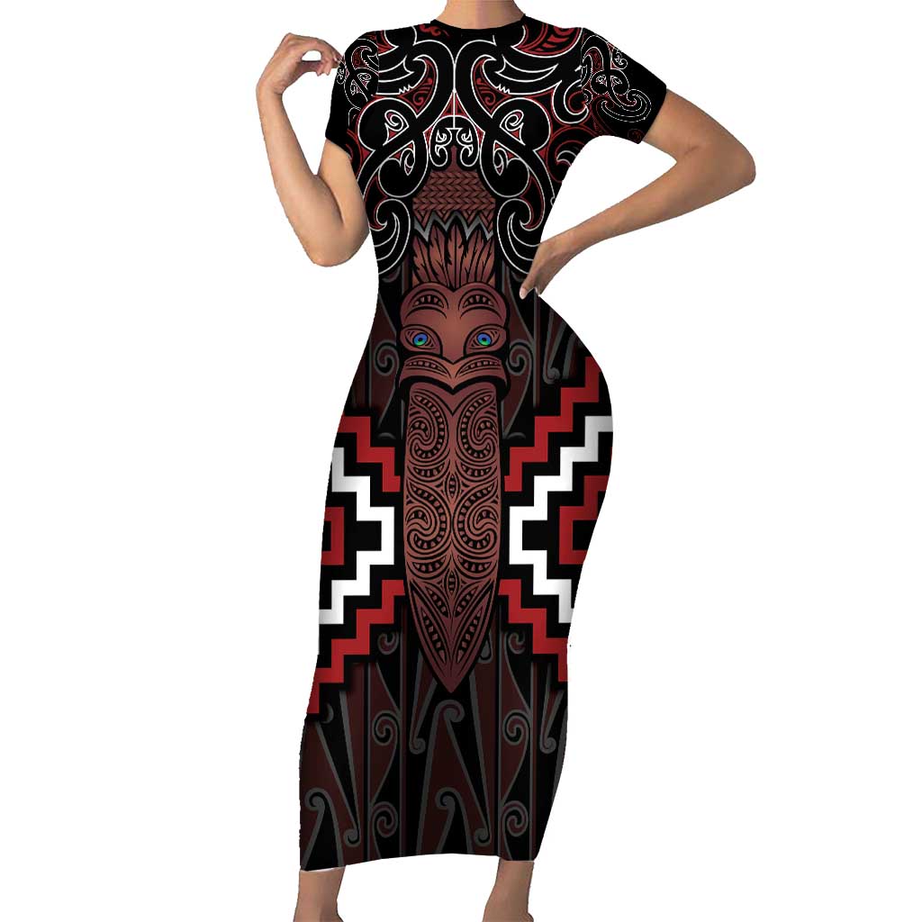 Maori Taiaha Whakairo Personalized Family Matching Short Sleeve Bodycon Dress and Hawaiian Shirt Red Poutama Motifs