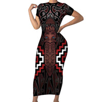 Maori Taiaha Whakairo Personalized Family Matching Short Sleeve Bodycon Dress and Hawaiian Shirt Red Poutama Motifs