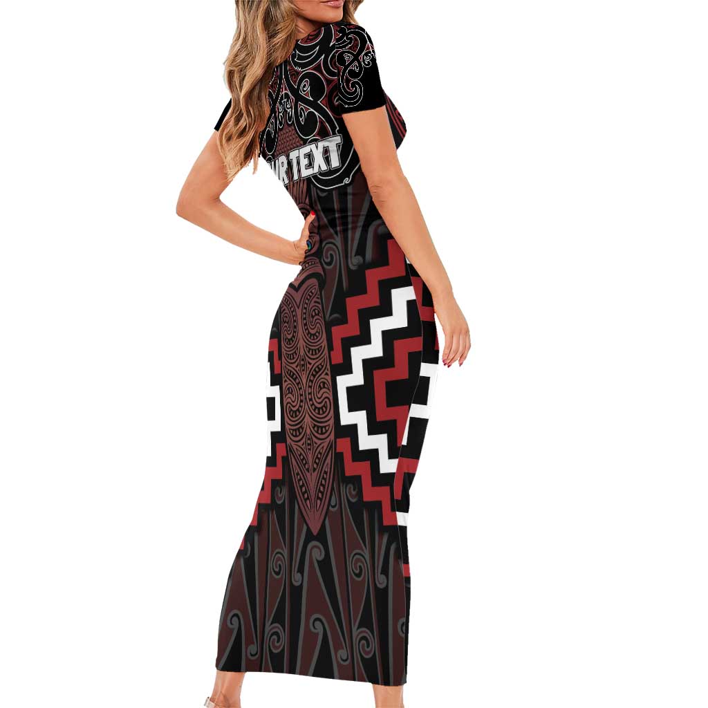 Maori Taiaha Whakairo Personalized Family Matching Short Sleeve Bodycon Dress and Hawaiian Shirt Red Poutama Motifs