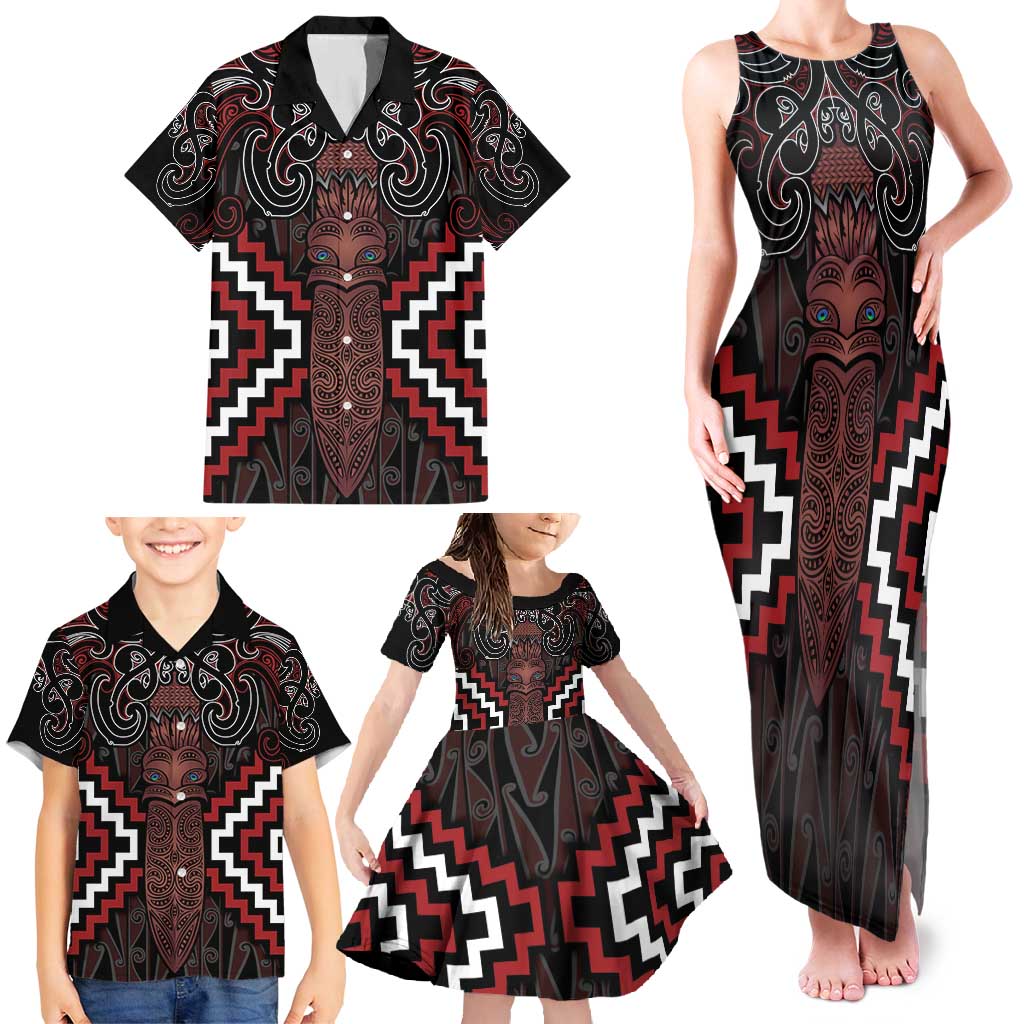 Maori Taiaha Whakairo Personalized Family Matching Tank Maxi Dress and Hawaiian Shirt Red Poutama Motifs