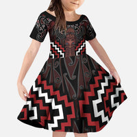 Maori Taiaha Whakairo Personalized Kid Short Sleeve Dress Red Poutama Motifs