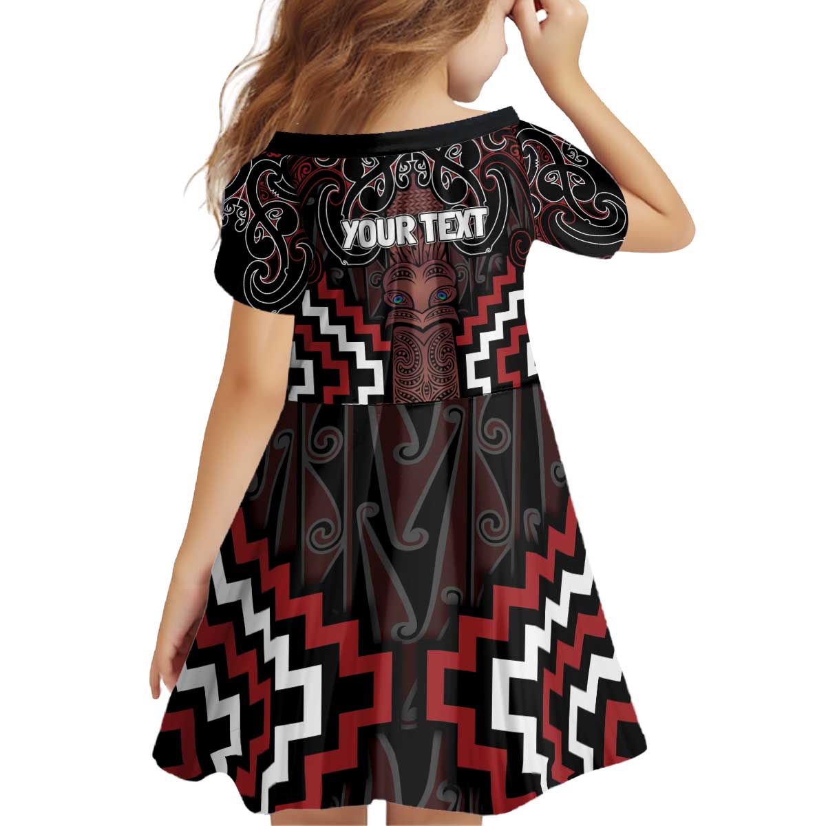 Maori Taiaha Whakairo Personalized Kid Short Sleeve Dress Red Poutama Motifs