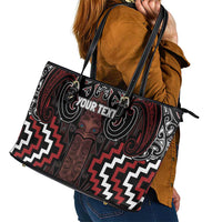 Maori Taiaha Whakairo Personalized Leather Tote Bag Red Poutama Motifs