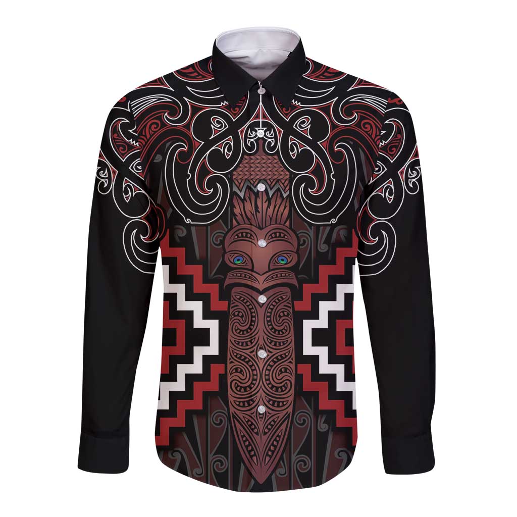Maori Taiaha Whakairo Personalized Long Sleeve Button Shirt Red Poutama Motifs LT7 Unisex Red - Polynesian Pride