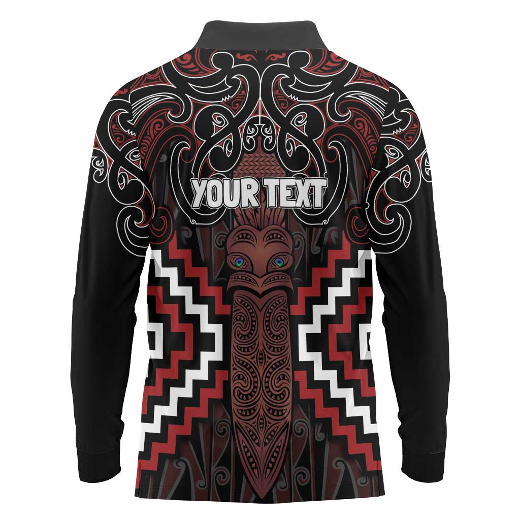 Maori Taiaha Whakairo Personalized Long Sleeve Polo Shirt Red Poutama Motifs