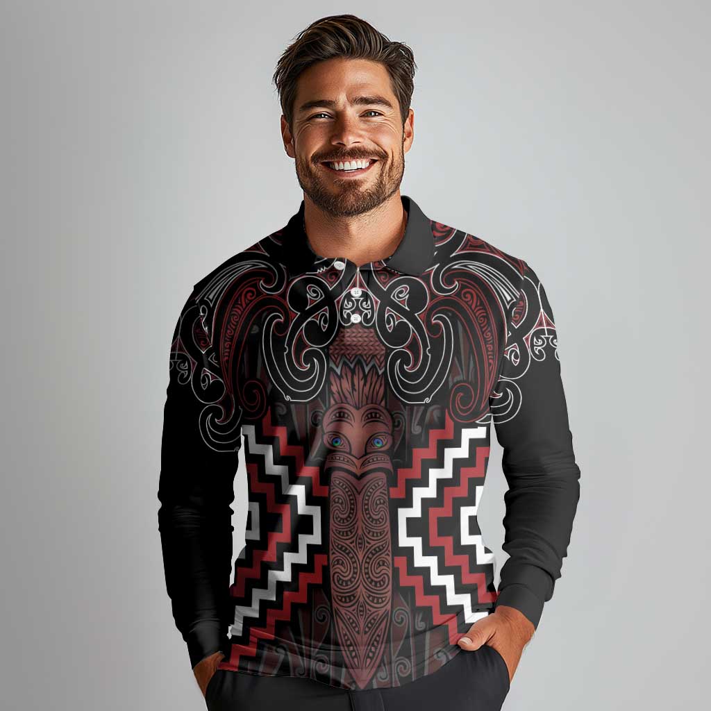 Maori Taiaha Whakairo Personalized Long Sleeve Polo Shirt Red Poutama Motifs