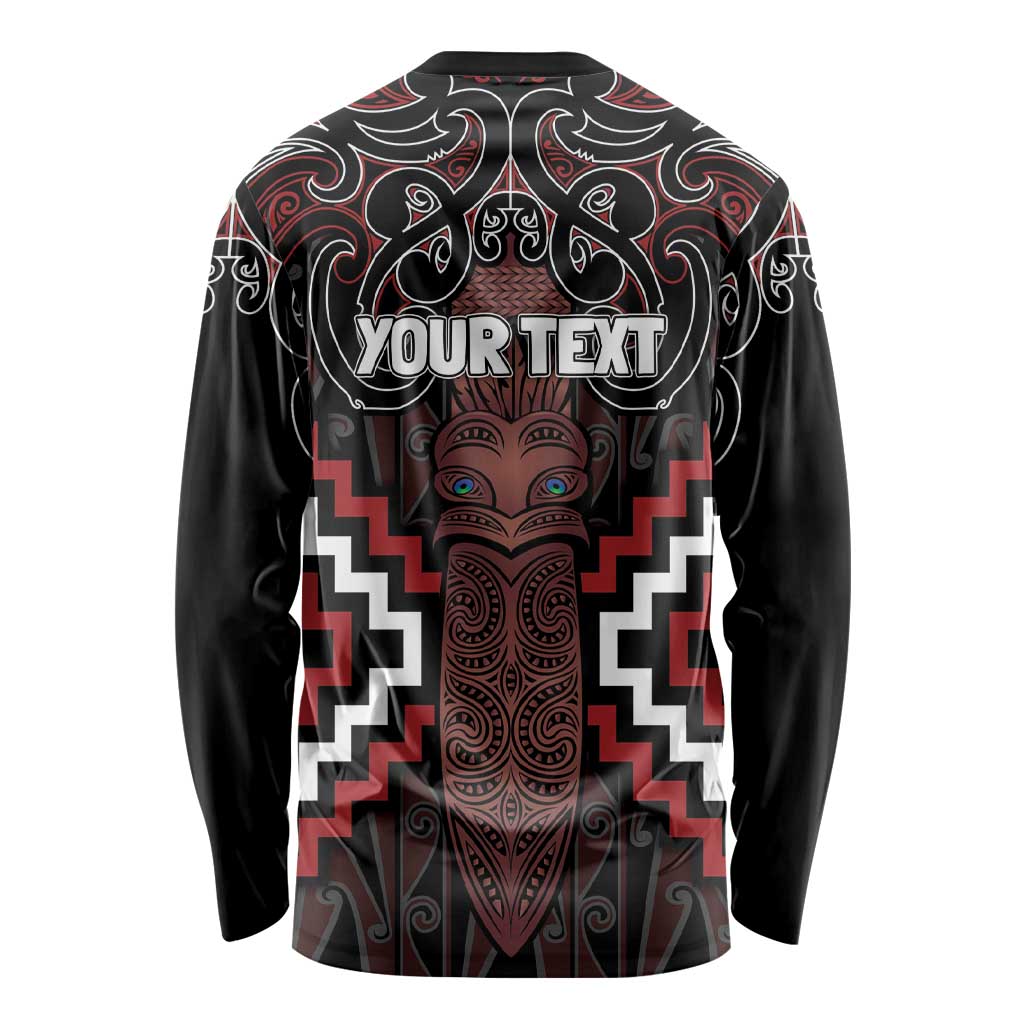 Maori Taiaha Whakairo Personalized Long Sleeve Shirt Red Poutama Motifs LT7 - Polynesian Pride