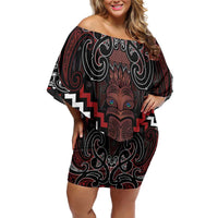 Maori Taiaha Whakairo Personalized Off Shoulder Short Dress Red Poutama Motifs