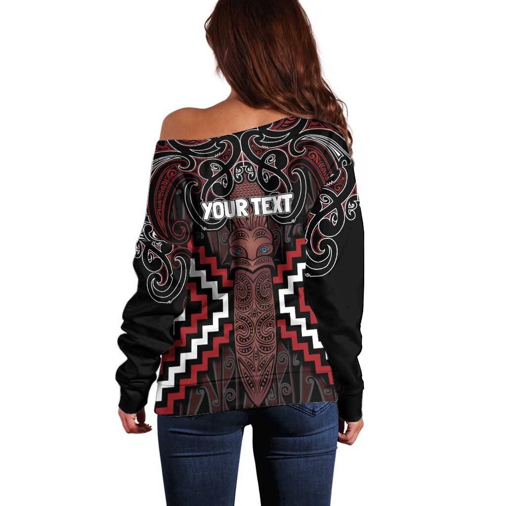 Maori Taiaha Whakairo Personalized Off Shoulder Sweater Red Poutama Motifs