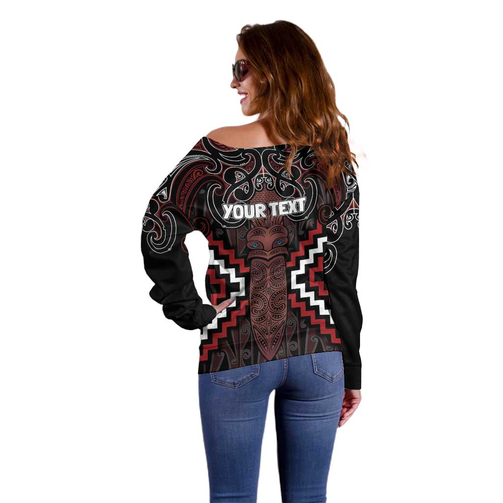 Maori Taiaha Whakairo Personalized Off Shoulder Sweater Red Poutama Motifs