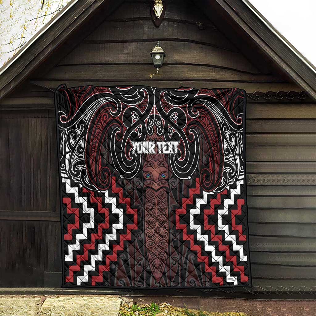 Maori Taiaha Whakairo Personalized Quilt Red Poutama Motifs