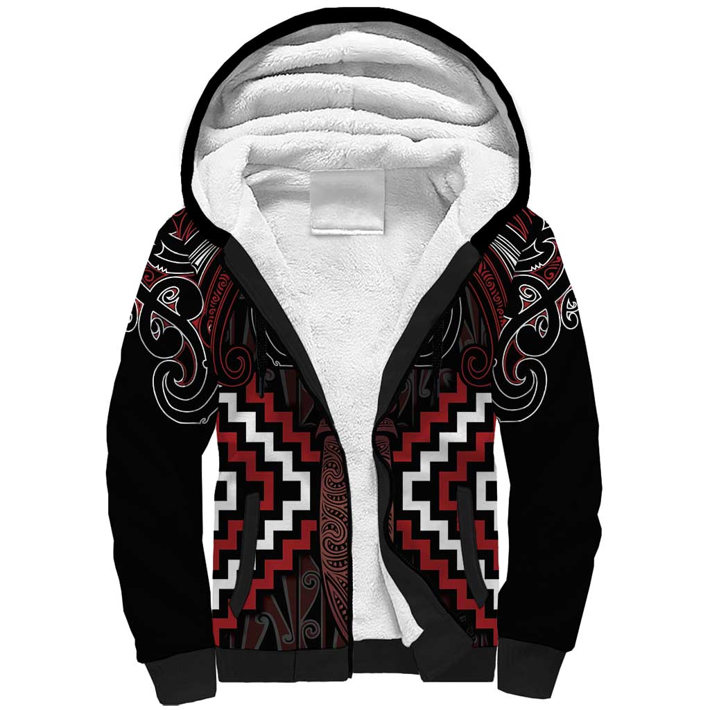 Maori Taiaha Whakairo Personalized Sherpa Hoodie Red Poutama Motifs