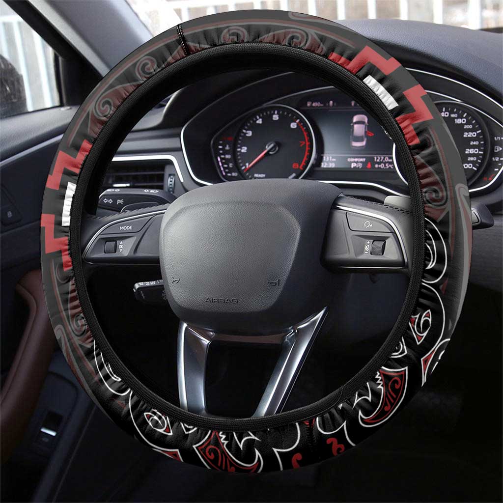 Maori Taiaha Whakairo Steering Wheel Cover Red Poutama Motifs