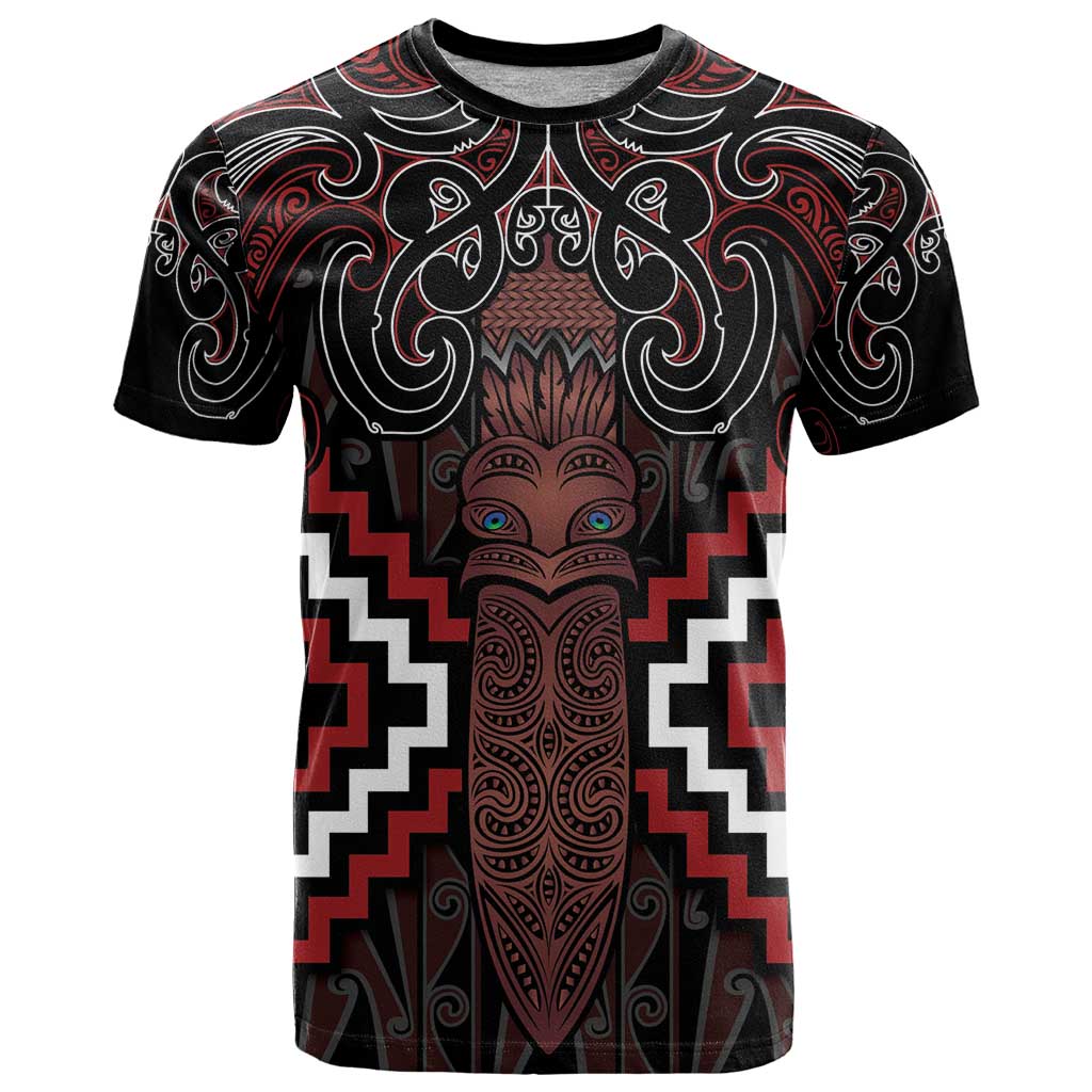 Maori Taiaha Whakairo Personalized T Shirt Red Poutama Motifs
