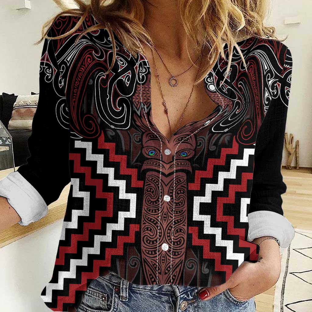 Maori Taiaha Whakairo Personalized Women Casual Shirt Red Poutama Motifs