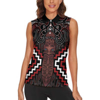 Maori Taiaha Whakairo Personalized Women Sleeveless Polo Shirt Red Poutama Motifs