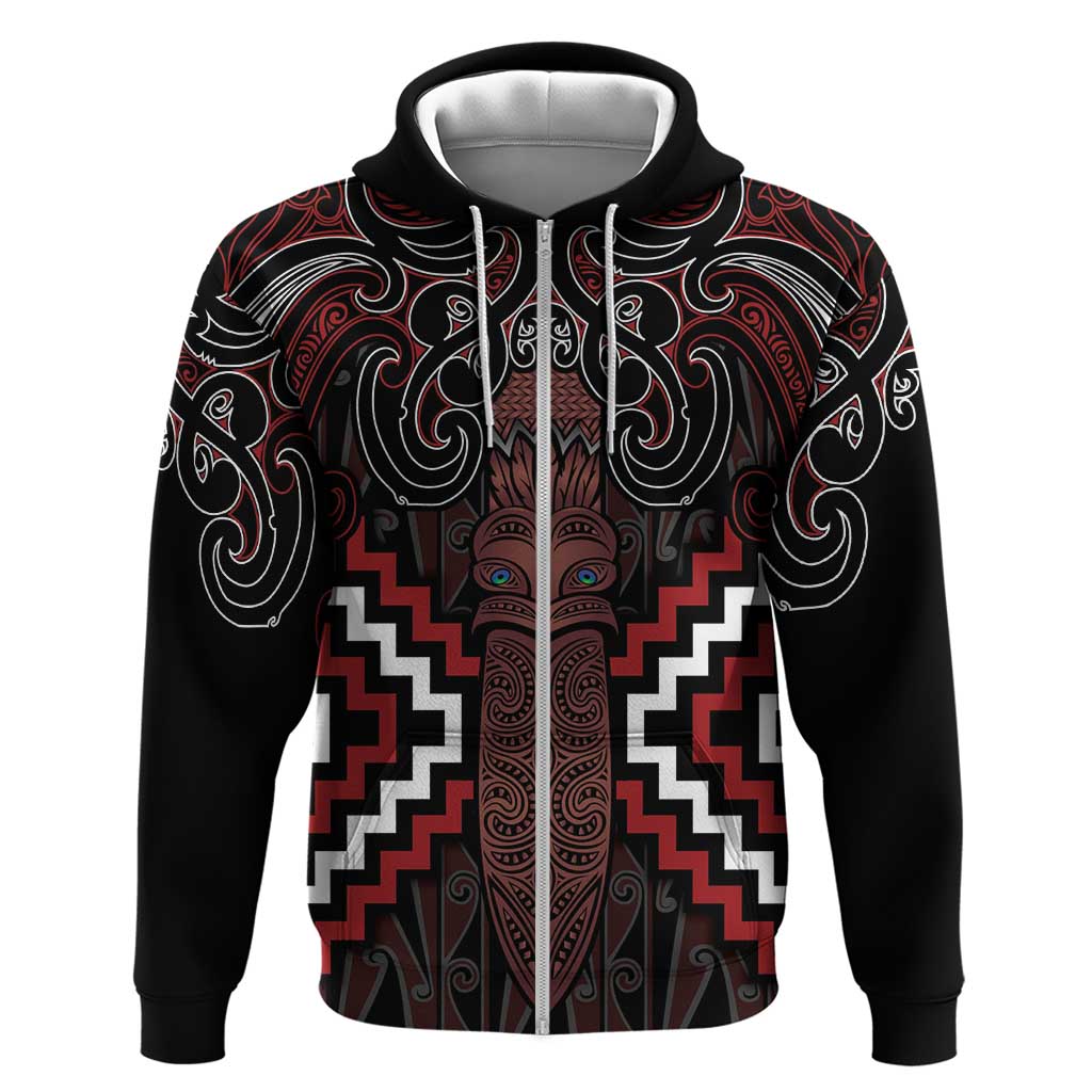 Maori Taiaha Whakairo Personalized Zip Hoodie Red Poutama Motifs