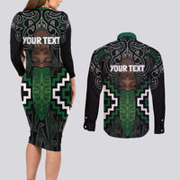 Maori Taiaha Pounamu Whakairo Personalized Couples Matching Long Sleeve Bodycon Dress and Long Sleeve Button Shirt Jade Poutama Motifs